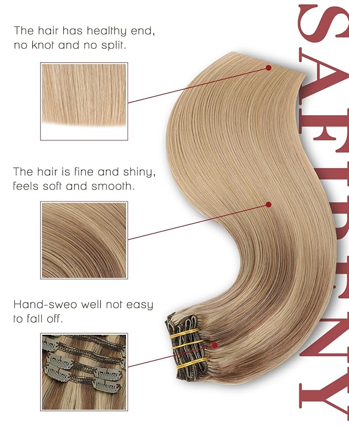 Clip in Hair Extensions Real Human Hair Remy Clip in Extensions 16 Inch 7pcs 140g Ash Brown to Caramel Blonde Hair Extensions (#10/27/2716'')