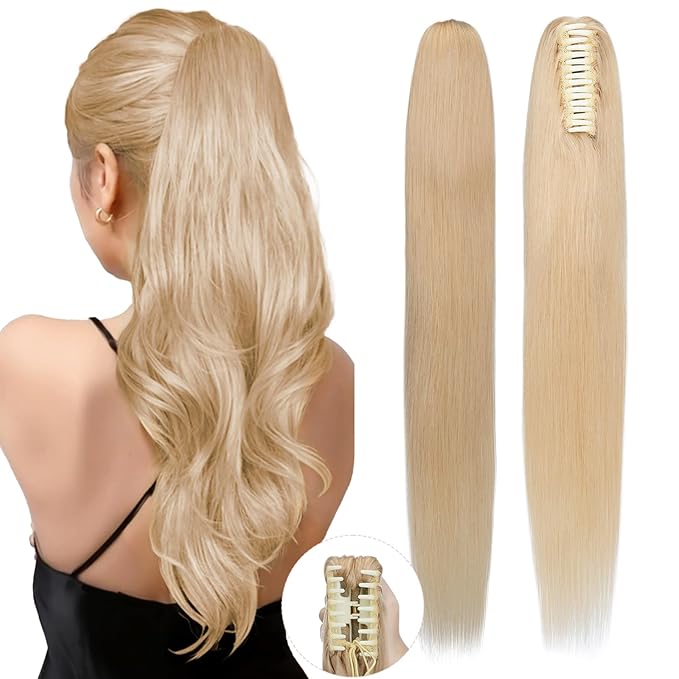 Claw Clip Ponytail Extension Human Hair Long Straight Clip in Ponytail Hair Extensions Real Hair Ponytail Extension18inch #24 Natural Blonde115g
