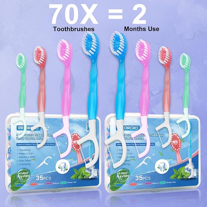 70Pack Mini Disposable Toothbrushes 5-in-1 Portable Pre-Pasted Travel Toothbrush with Toothpaste Tongue Scraper Floss Pick Individually Wrapped Box Small Prepasted Travel Toothbrush for Kids Adults