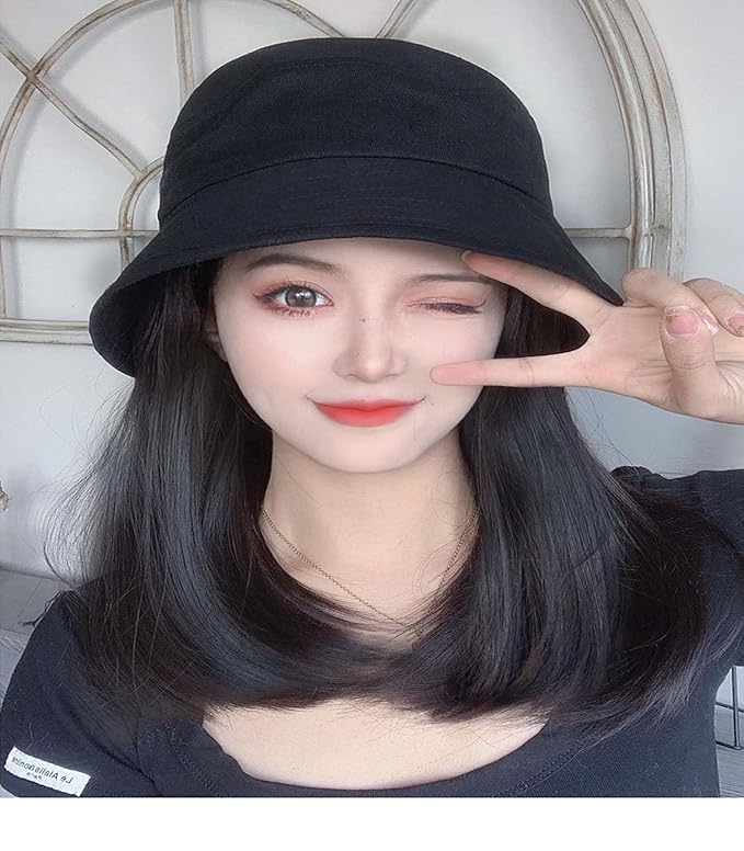 Detachable women's wig hat autumn summer bucket fisherman hat medium length hair with inner buckle collarbone wig