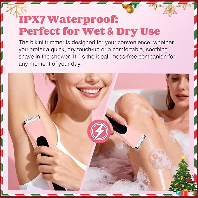 2-in-1 Bikini Trimmer for Women Dual-Head Bikini Shaver for Painless Pubic &amp Facial Hair Removal IPX7 Waterproof Type-C Fast Charge Long Cordless Use Holiday Gift Christmas &amp New Year Gif