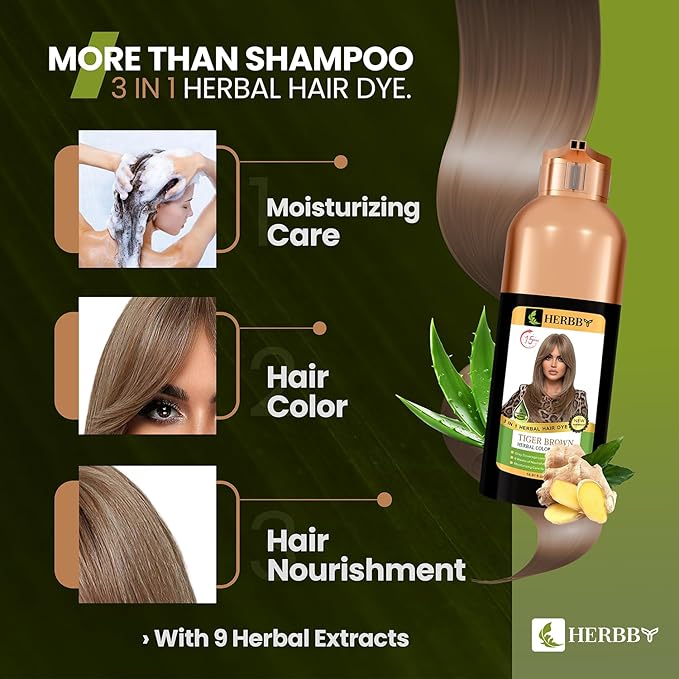 HERBBY Hair Color Shampoo for Gray Hair Coverage&ampColor Transform with 9 Herbal Extracts ?Long Lasting(6-8 Weeks)ShinyEvenly ColoredInstant Hair Dye Shampoo&ampConditioner 500 Ml (TIGER BROWN