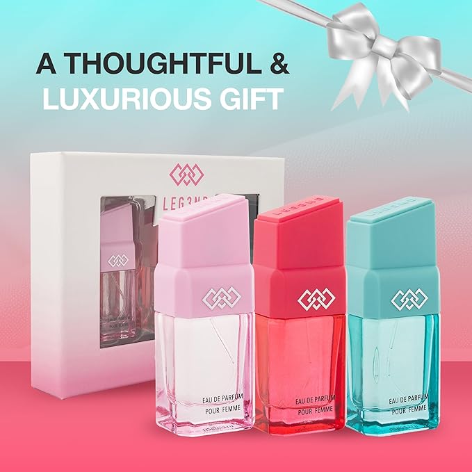 LEG3ND Set of 3 Pour Femme - Fresh Floral &amp Sweet Cologne for Women - Long-Lasting Luxury Fragrance with Essential Oils - Comes in a Glass Bottle Spray (15ml each)