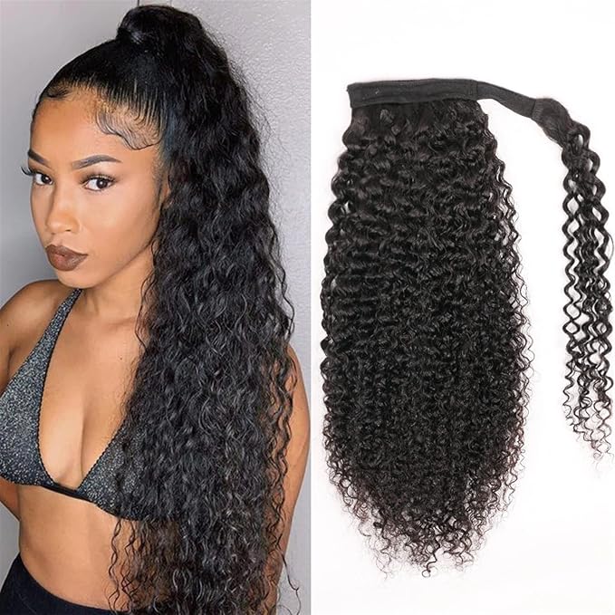 Hair Accessories 12-26 Inch Curly Ponytail Real Hair Extensions Ponytail Curly Wrap Black Wig Hair Slices for Black Women Wig Hair Bun Hair Pieces For Women(24inches 100g)
