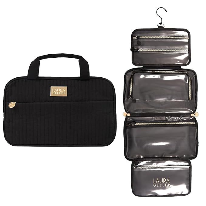 LAURA GELLER NEW YORK Quilted Folding Travel Makeup Bag Black - Hanging Toiletry Bag Organizer for Travel - Large Capacity Full Size Makeup Bag - Easy to Clean