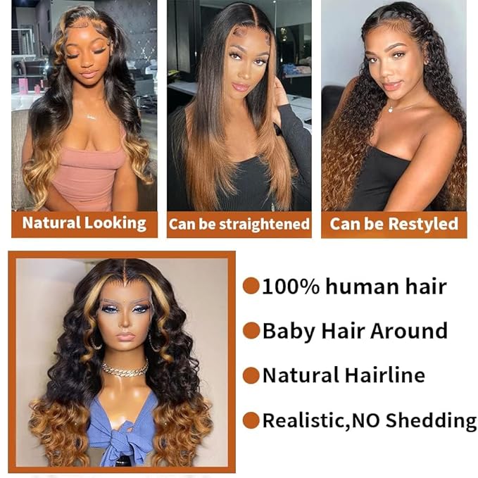 200% Density 13x6 Lace Front Wigs Human Hair Pre Plucked Body Wave HD Transparent Ombre Lace Front Wigs With Baby Hairs Glueless Wigs 13x6 Blonde Colored Human Hair Wig For Women 32 Inch