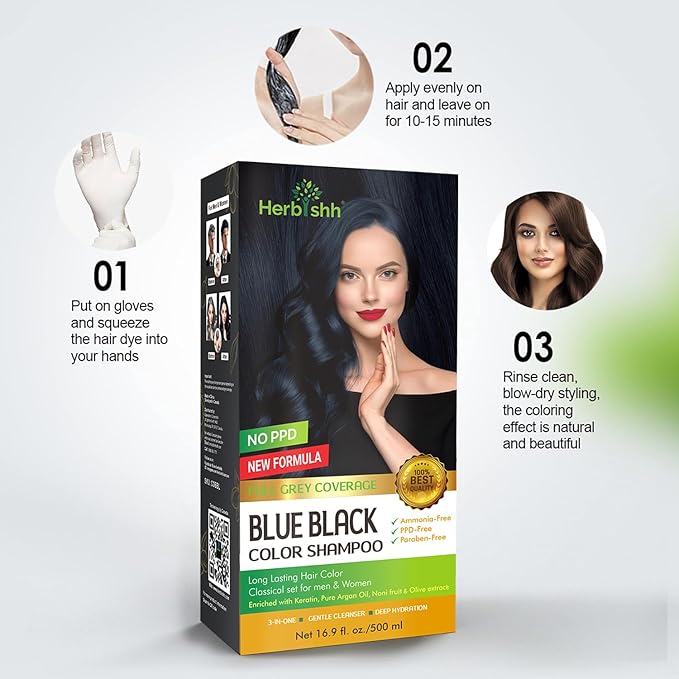 Herbishh Blue Black Hair Color Shampoo - 3-In-1 Magic Dye for Gray Hair 500 Ml + Essential Flower Hair Oil - Organic Formula for Dry Damaged Hair 60 ML