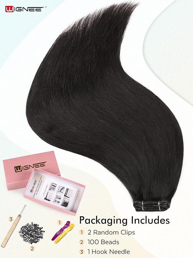 WIGNEE OVO Invisible Human Hair Extensions 100% Real Remy Human Hair Weft Black Hair Extensions Human Hair 2 PCS 12 Inch No Glue Genius Weft Micro Bead Real Human Hair Extensions for women(1B)