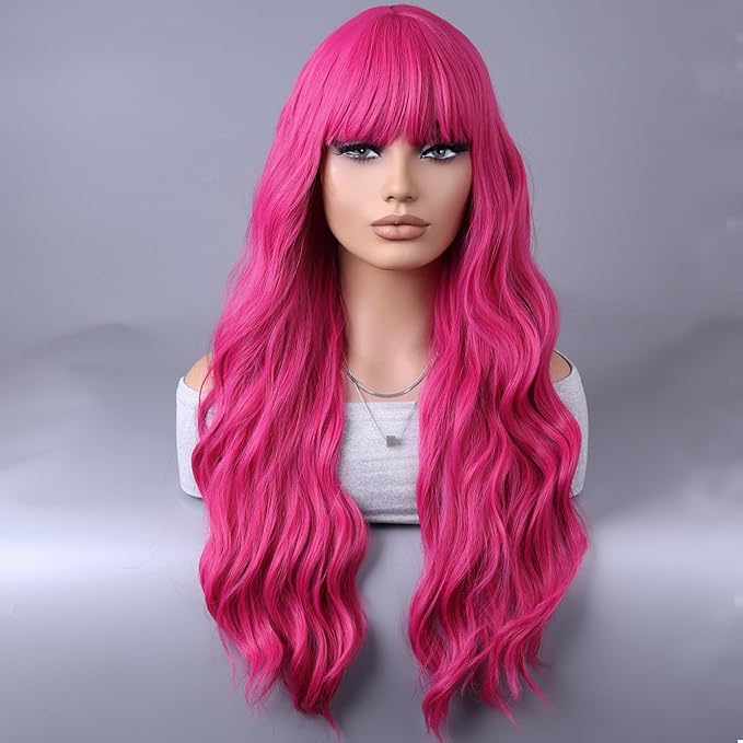 BERON Hot Pink Wigs Long Wavy Women Wigs with Bangs 26 Inches Curly Synthetic for Cosplay Party Wigs Wig Cap Included