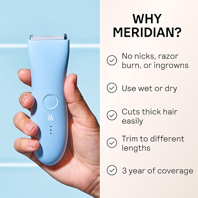 MERIDIAN The Trimmer Original - Body Hair Trimmer for Men Electric Shaver for Pubic Hair Chest Legs &amp Bikini Waterproof &amp Rechargeable Sky