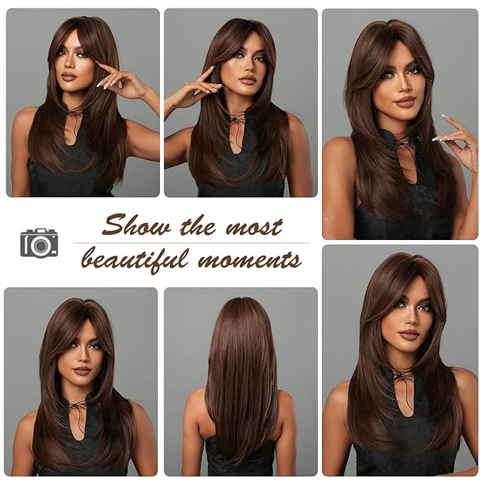 Heat Resistant Wigs Human Hair Mixed Synthetic Long Layered Black Blonde Highlights with Bangs for Women Party Cosplay