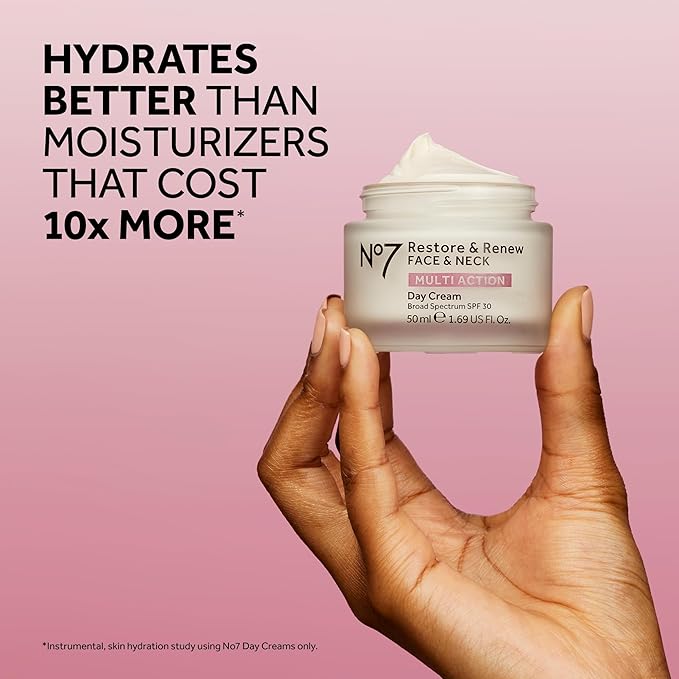 No7 Restore &amp Renew Face &amp Neck Multi Action Skincare System - SPF 30 Day Cream with Vitamin C &amp Collagen Peptides + anti-Aging Facial Serum + Hyaluronic Acid Hydrating Night Cream (3 Piec