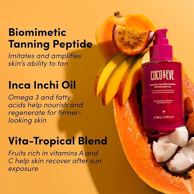 Coco &amp Eve Firming &amp Tan Prolonging Peptide Body Oil. Up to 28 Days Natural Tan Extender. After Sun Care with Tropical Oils Vitamins C &amp E for Nourished Glowy &amp Visibly Firmer Skin.