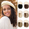 AynnQueen Beret with Hair Extensions for Women Hat with Kinky Curly Synthetic Wig Attached 8 inch Long Curly Hair Apricot Beret (Dark Black)