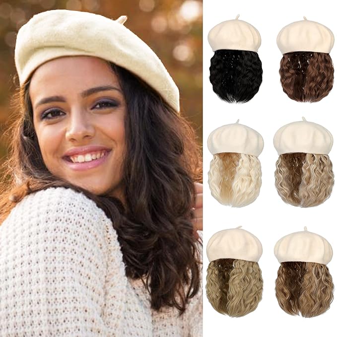 AynnQueen Beret with Hair Extensions for Women Hat with Kinky Curly Synthetic Wig Attached 8 inch Long Curly Hair Apricot Beret (Dark Black)