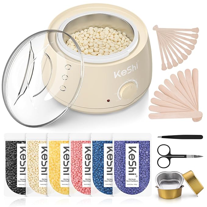 KeShi Waxing Kit Painless Hair Removal Wax Warmer with 6 Bags Hard WaxBeans for Full Body Legs Face Eyebrows &amp Bikini? Ideal for Both Women &amp Men(Cream)