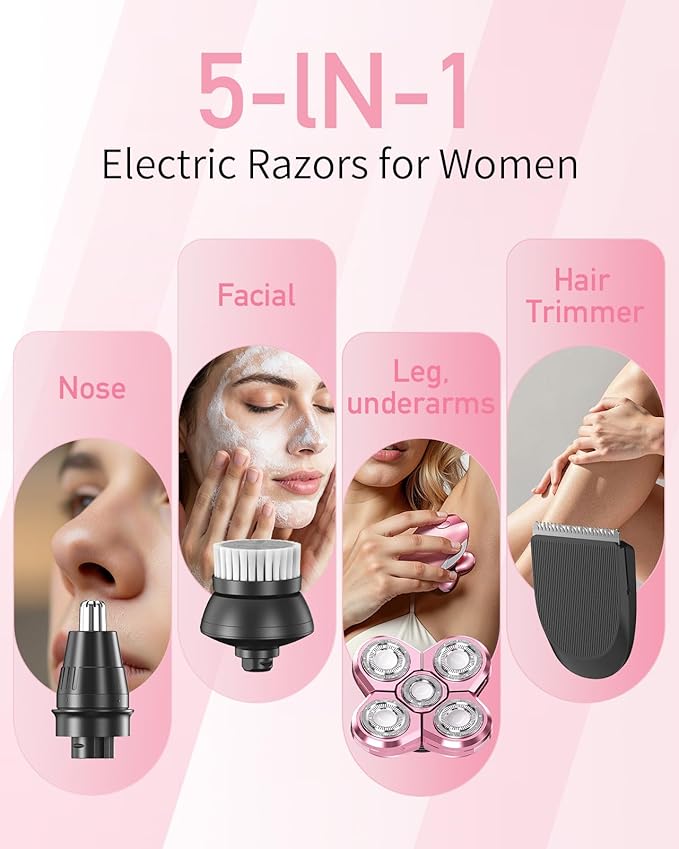 Electric Razors for Women 5-in-1 Multi-Function Womens Razor with LED Display Rechargeable Waterproof Electric Shaver Ideal Travel Trimmer Body Hair Remover for Legs Face Armpits &ampBikini Area