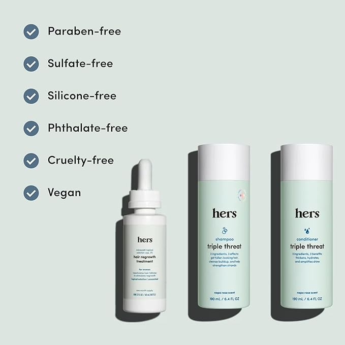 hers Triple Threat Shampoo Conditioner and Minoxidil Set - Hair Loss Treatment for Women - Includes 2% Serum Minoxidil Treatment Color Safe Hair Thickening Shampoo and Conditioner - 3 Count