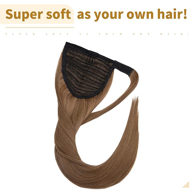 SEGO Ponytail Extension Human Hair Real Human Hair Clip In Wrap Around Long Straight Ponytail With Magic Paste Pony Hairpieces for Women -18 Inch 90g 6 Light Brown