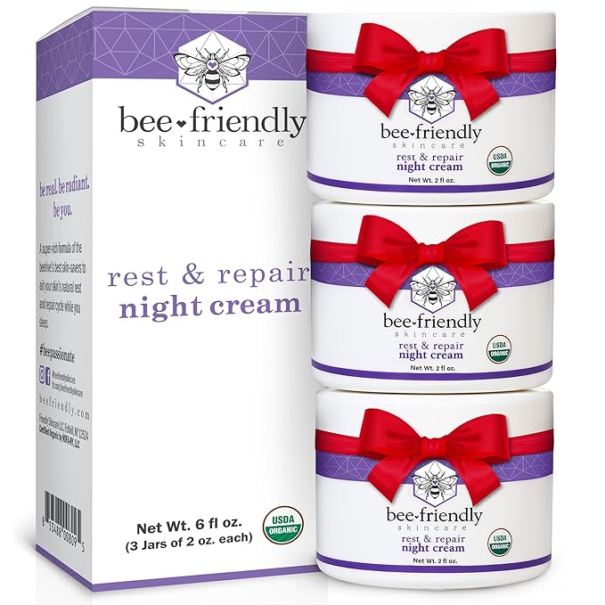 BeeFriendly Organic Night Cream USDA Certified Organic Deep Hydrating &amp Moisturizing Night Time Eye Face Neck &amp Decollete Cream for Women and Men Anti Aging Anti Wrinkle 6 oz - 3 Pack