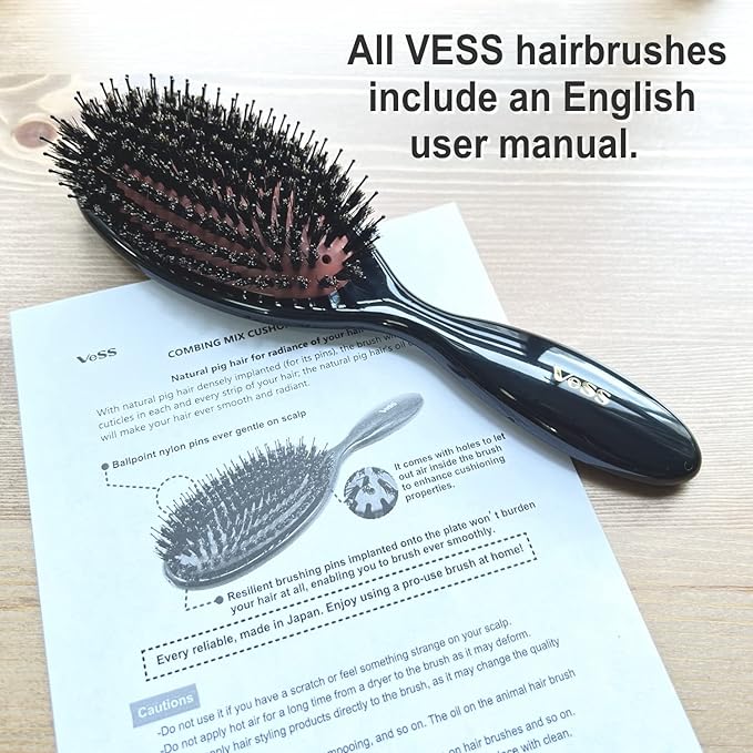 VESS Combing Mix Cushion Brush C-501 Wild Pig Bristle and Nylon Hair- Natural Radiance Smoothing Hair Brush