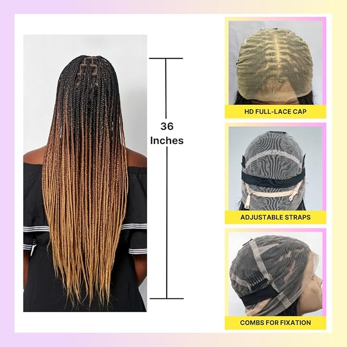 Wow Braids Box Braid Wig - Knotless Braided Wigs for Black women with 360 glueless Full Swiss Lace Cap &amp Human Baby Hair Frontal Synthetic Long Neat African Handmade Braiding - 36 / Ombre C14