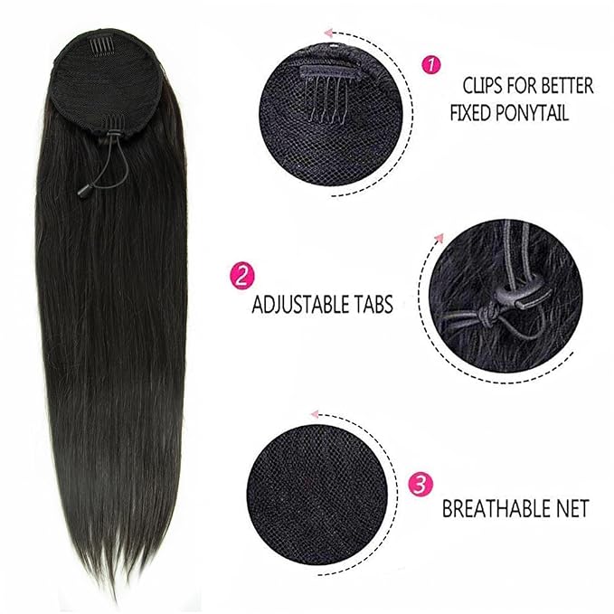 Riverwood Straight Human Hair Ponytail Unprocessed Human Hair Drawstring Ponytail Extensions for Black Women Brazilian Straight Hair 110g Natural Color (16 Straight)