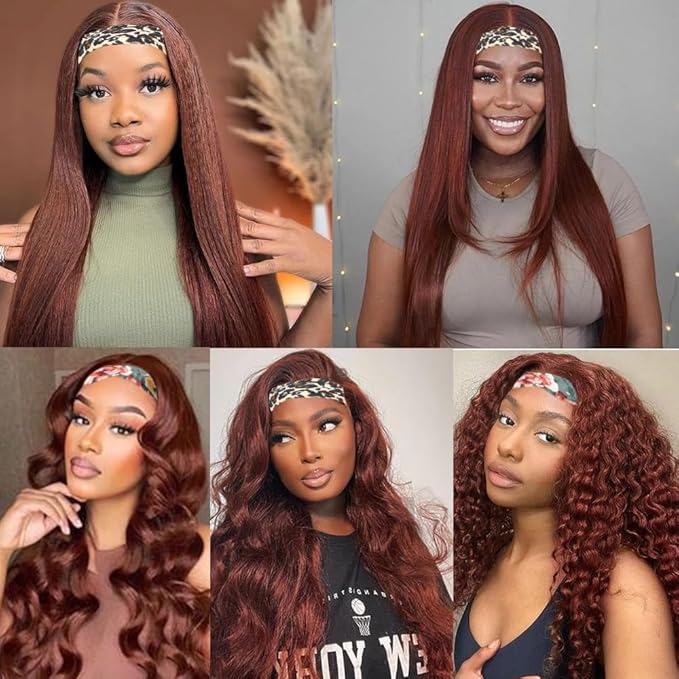 18 Inch #33 Auburn Brown Headband Wig Human Hair 150% Density Grade 8A Unprocessed Brazilian Virgin Hairs Machine Made Reddish Brown Water Wave Headband Wig Human Hair For Woman