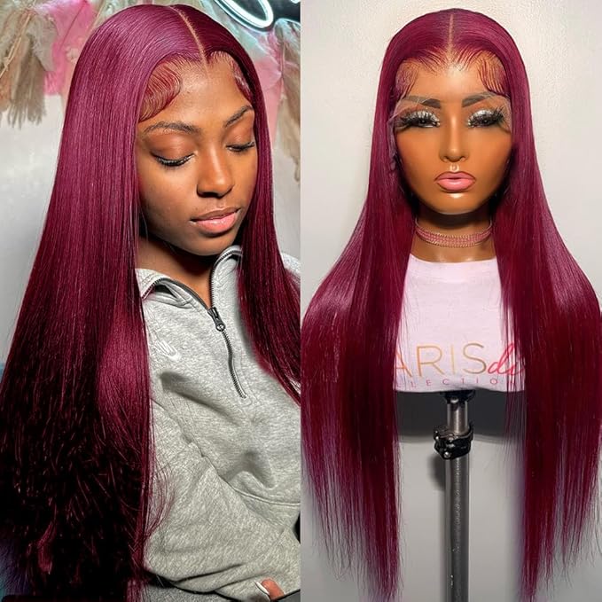 Azkiu 30 Inch 99J Burgundy Lace Front Wigs Human Hair Wine Red Colored Straight 13x4 HD Lace Frontal Wigs Human Hair Pre Plucked with Baby Hair Glueless 150% Density