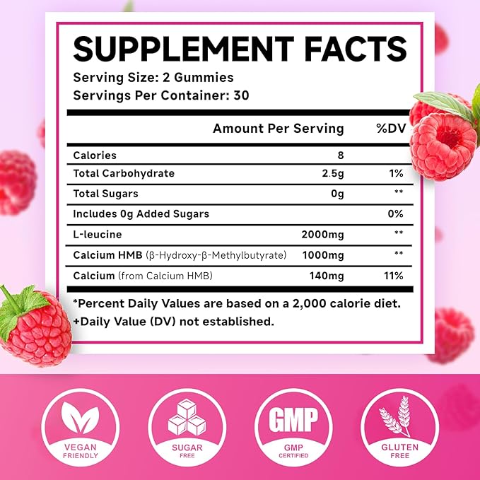 2 Pack HMB and L-Leucine Gummies 3000mg HMB and Leucine Amino Acid for Muscle Growth Muscle Mass Muscle Relief and Fast Workout Recovery for Men &amp Women Sugar-Free Raspberry Flavor 120 Cou