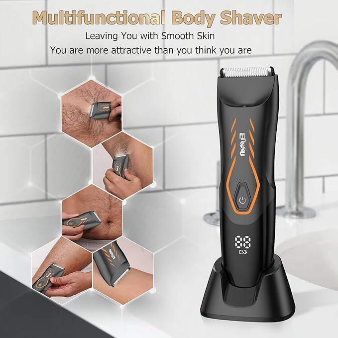 Manscape Body Hair Trimmer for Men Pubic Groin Hair Trimmer for Men with Safe BladeCordless Ball Shaver w/Light Charging DockWaterproof Body Groomer ManLED Display1H ChargeOrange