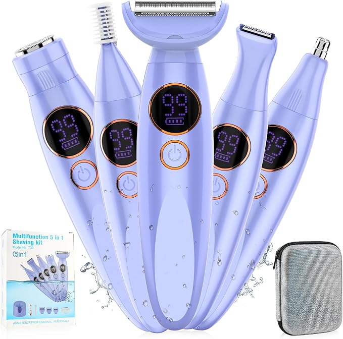 5 in 1 Bikini Trimmer for WomenIPX7 Waterproof Cordless Replaceable PubicEyebrowFacial Electric Razors&ampNose Hair Trimmer&ampPainless Body Shaver for Arms Legs UnderarmsUSB ChargeLED Display