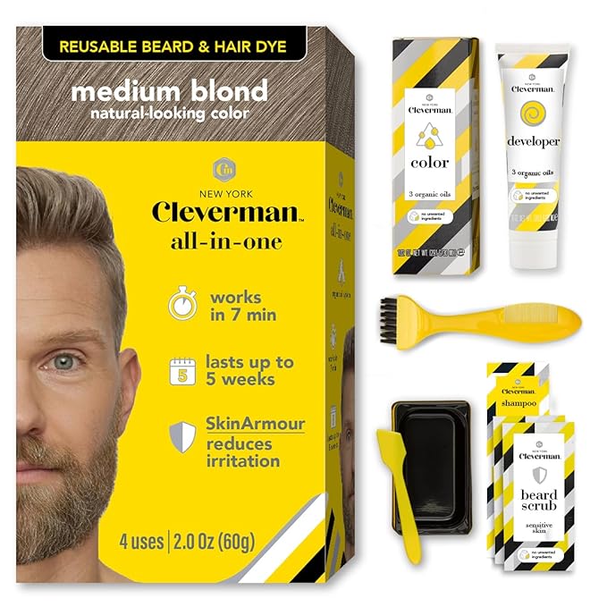 Cleverman Medium Blond All-in-One Reusable Kit for Men's Natural-Looking Gray Coverage - Professional-Quality Hair Beard &amp Mustache Color Ammonia-Free