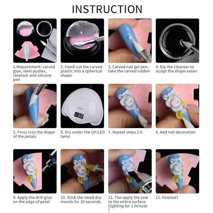 12 Color Sculpture Gel 3D Carving Gels for Nail Art Decoration Kit Creative DIY Nail Art Painting Carved Soak Off Polish Flowers Design Modeling Tool