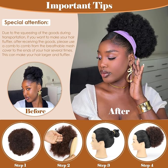Fullart Afro Puff Drawstring Ponytail Extension #2 Darkest Brown 100% Human Hair Naturally Styled Hairpiece Human Hair Clip in Hair Extensions for Black Women