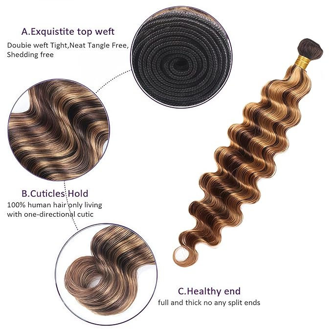 Highlight Deep Human Hair Bundles 16 18 20 Inch Brazilian Remy Virgin 10A Deep 3 Bundles Human Hair Hair Extensions Bundles P4/30 Highlight