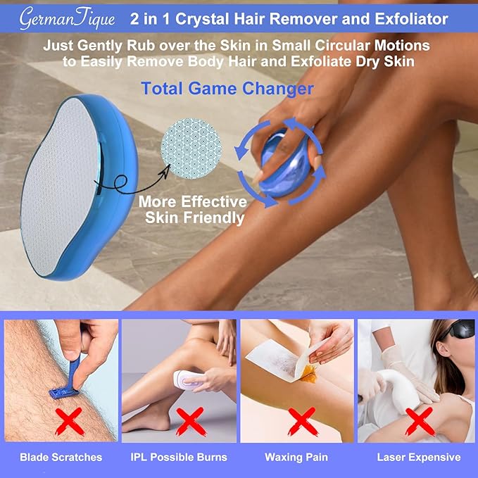 Crystal Hair EraserNatural Crystal Hair RemoverReusable Painless Nano Glass Hair Removal Device Without ShaverGentle Crystal Epilator and Exfoliator for Soft Silky Skin(Royal Blue)