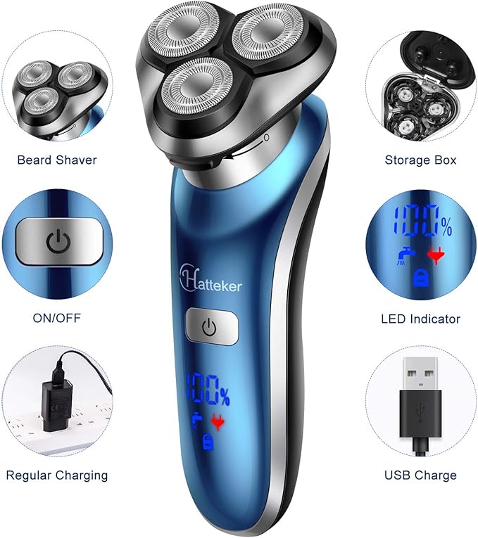 Hatteker Electric Shaver for Men Trimmer for Men Cordless Rechargeable Beard Nose Hair Face Trimmer Rotary Razor USB Groomer Waterproof Wet Dry 4 in 1