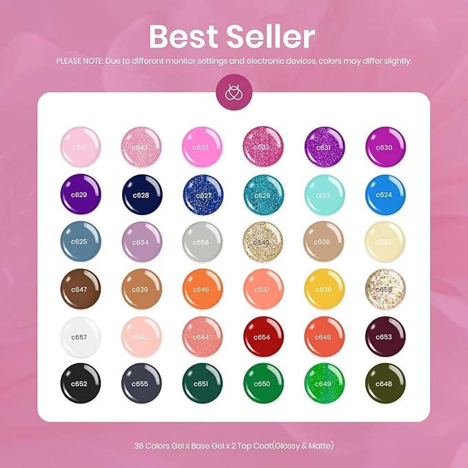 Beetles Fall Gel Nail Polish Set 36 Colors Gel Polish Set Sparkle Red Pink Glitter Black Nail Kit Free Journey Collection with 3Pcs Base Top Coat Soak off Uv Gel Polish Manicure Kit