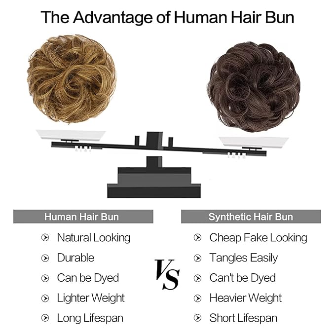 FESHFEN Human Messy Buns - 100% Human Hair Bun Real Scrunchies Hair Pieces Ponytail Extensions Wavy Tousled Updo Chignon Hairpieces for WomenLight Brown Mixed Blonde