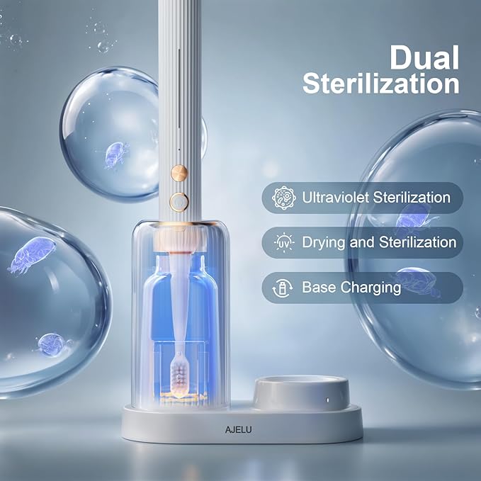 Electric Toothbrush Set with Drying &amp Sanitizing Holder 8 Replacement Brush Heads Transparent Rinse Cup Smart Timer USB Rechargeable for Adults