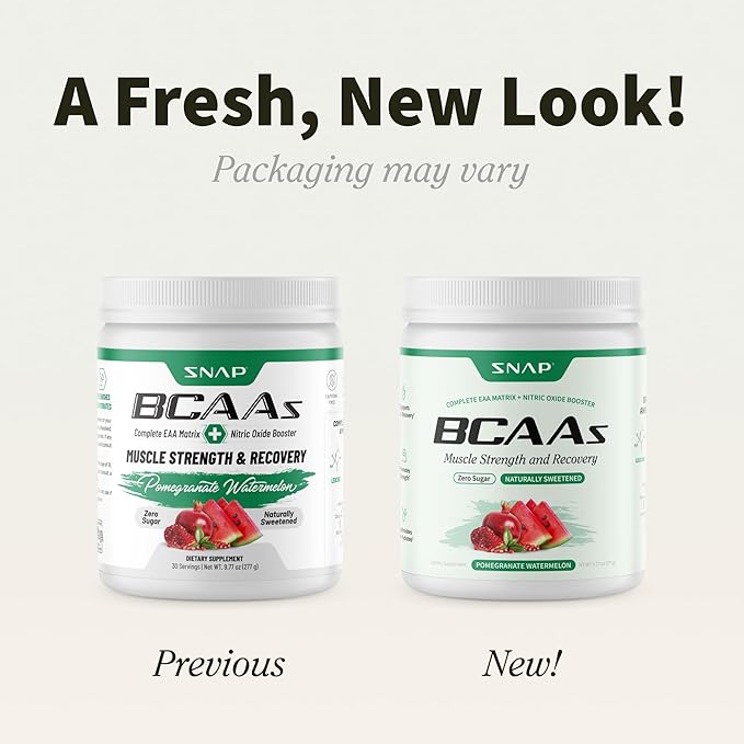 Snap BCAA Powder Essential Amino Energy Supplement with Nitric Oxide Booster - Watermelon Flavor - Pre Workout Powder Recovery Supplements Post Workout Muscle Strength &amp Performance (30 Servings
