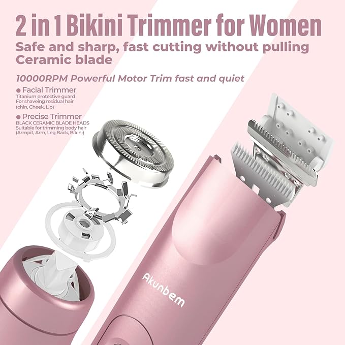 Bikini Trimmer for Women - 2 in 1 Electric Razors for Women - Dual Head Electric Shaver - IPX7 Waterproof Wet &amp Dry Use Body Hair Trimmer and Facial Hair Remover for Bikini Underarm Leg Arm
