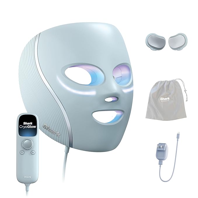 Shark CryoGlow LED Face Mask with Under-Eye Cooling Anti-Ageing &amp Blemish Repair Red &amp Blue LED Infrared Light Therapy USB-C Remote Control Storage Bag Blue Frost FW312