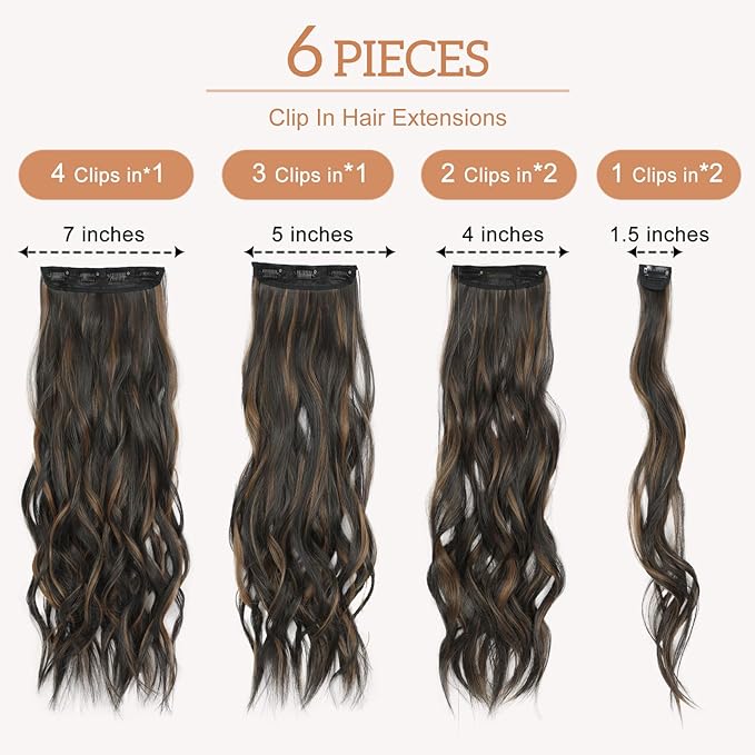 Clip in Hair Extensions for Women Natural Balayage Dark Brown to Chestnut 24 Inch 6PCS Hairpieces Long Wavy Soft Hair Extensions clip ins
