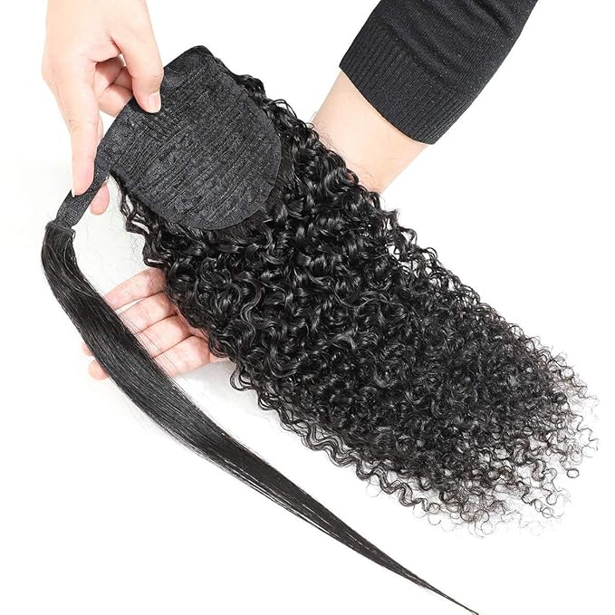Curly Human Hair Strap Ponytail Extensions 100% Unprocessed Brazilian Hair Wrap Around Ponytails Magic Paste with Comb Clip in Kinky Curly Pony Tail (28 Curly Hair)