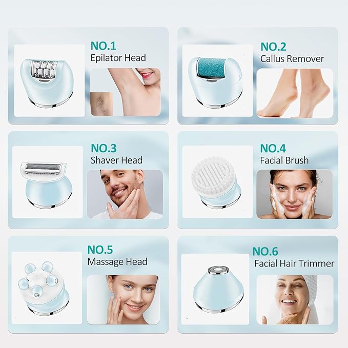 Epilator for Women 6 in 1 Hair Removal Epilator Shaver Face Razor Facial Brush Face Massage and Body ExfoliatorIPX7 Waterproof Rechargeable Hair Removal for Women 2 Speeds