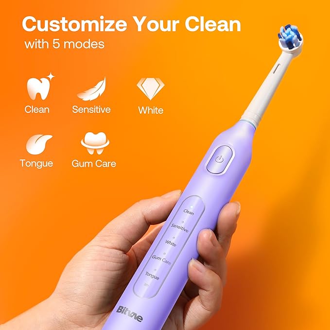 Bitvae R1 Rotating Electric Toothbrush with 8 Brush Heads for Adults and Kids 60-Day Battery Life 5 Modes Rechargeable Power Toothbrush with 2-Minute Smart Timer Purple