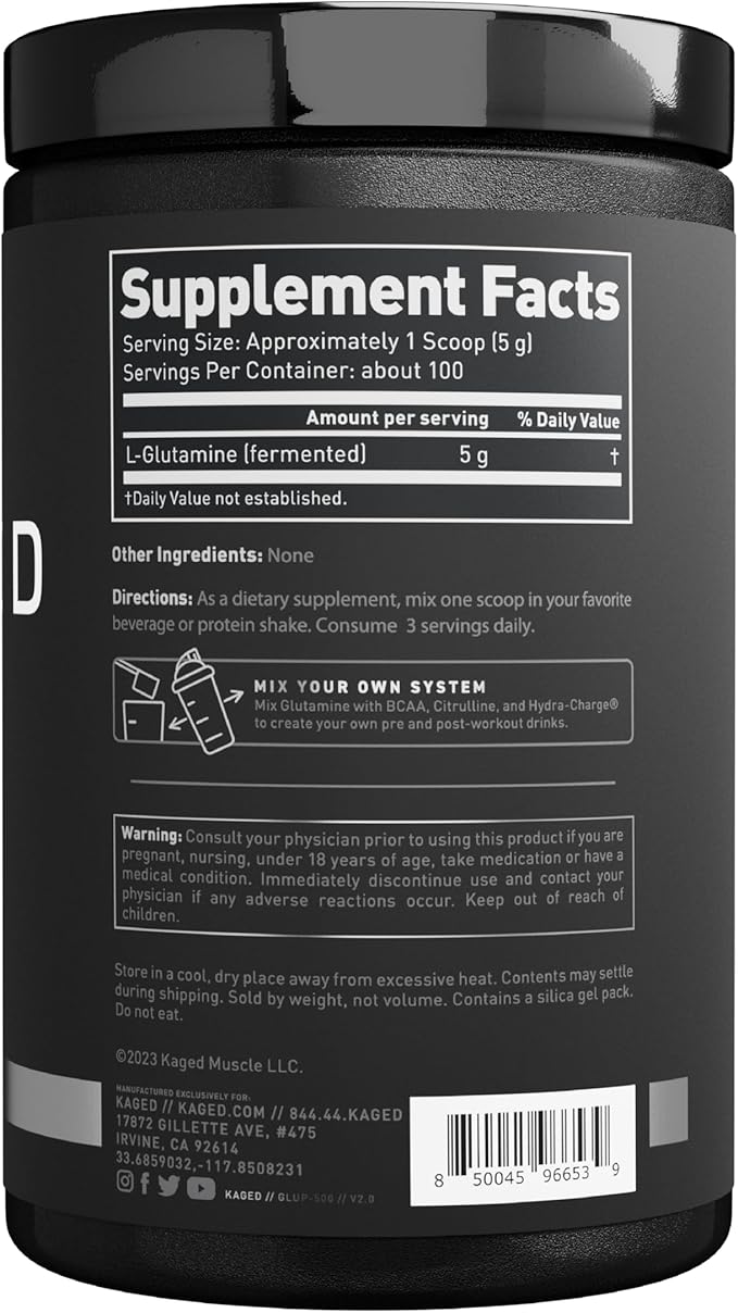 Kaged Muscle L-Glutamine Powder 500 Gram Vegan Support Muscle Recovery Post Workout Glutamine Banned-Substance Free Unflavored 100 Servings