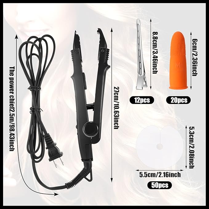 Hair Extensions Iron Fusion Keratin Hair Extensions Heat Tool Heat Connector Wand with Fusion Glue Protector Template Hair Clip Finger Protector 2 Bag Keratin Glue Granule Bead(Black)